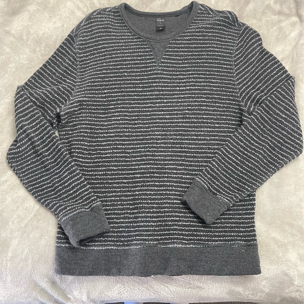 Rails Men's Gray and White Striped Crewneck Sweater